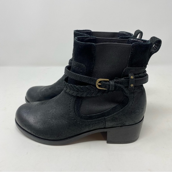 UGG Krewe Black Leather Shearling Moto Ankle Boots Size 6 - Picture 3 of 9